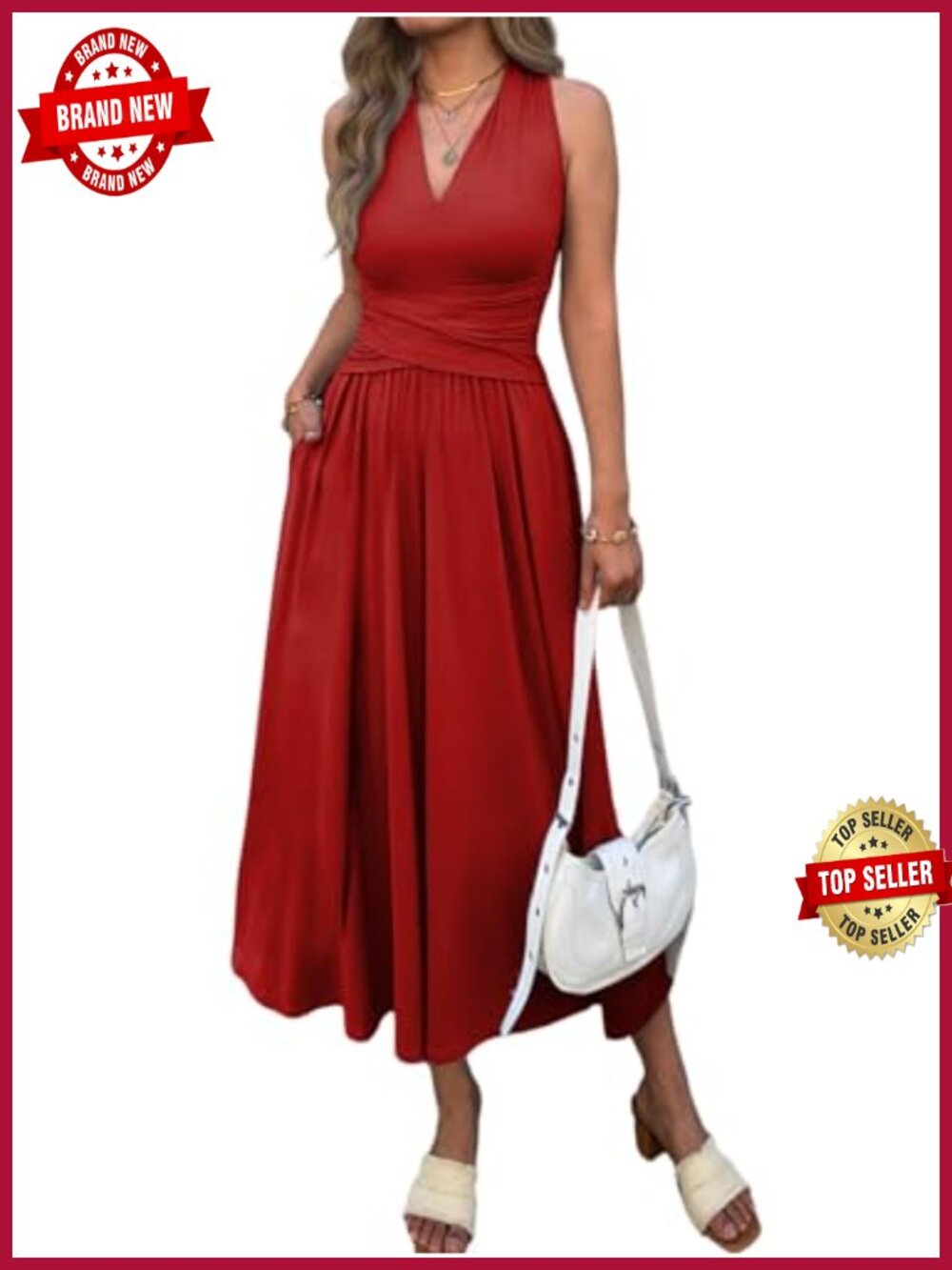 Women's Sleeveless V-Neck Maxi Dress with Pockets A-Line Flowy Long Dress